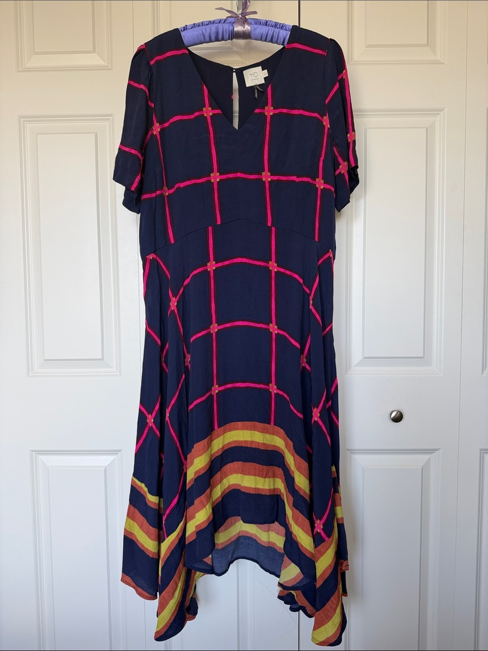 HD in Paris Navy Dress with Pink Windowpane and Multicolor Hem